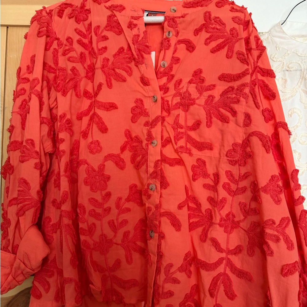 Anthropologie Coral-Red Floral Embroidered Button-Up Blouse